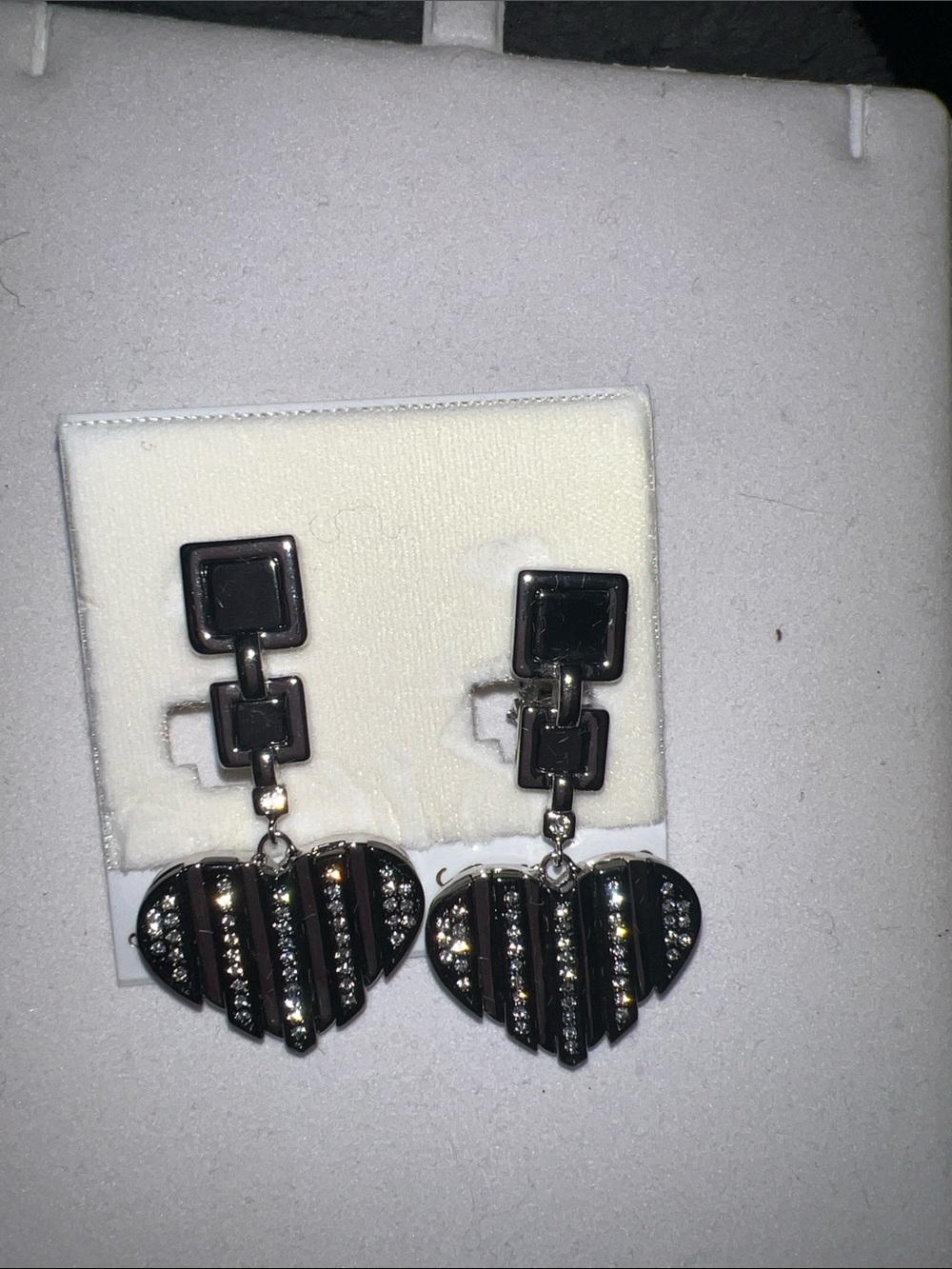 Black Heart Drop Clip on Earrings with Crystal Stripes - Women Jewelry